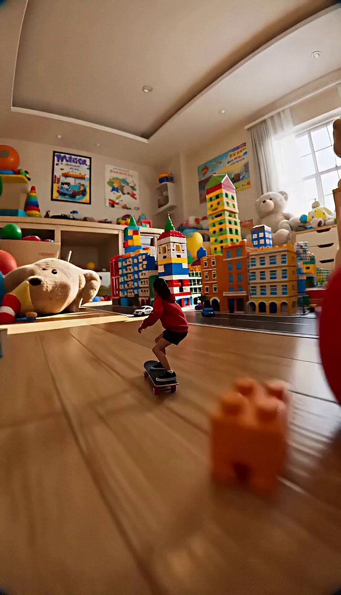 Miniature Girl's Skateboard Thrill Chase in Child's Room