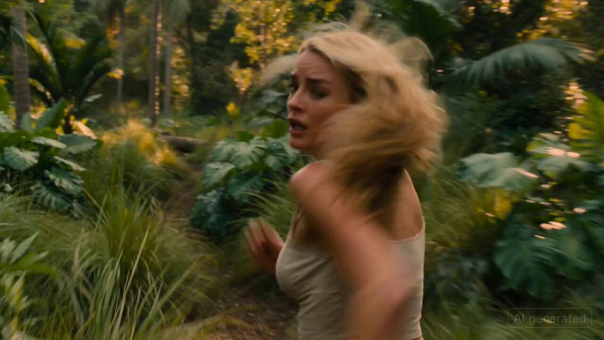 Cinematic Scene: Blonde Woman Running from Lion in Tropics