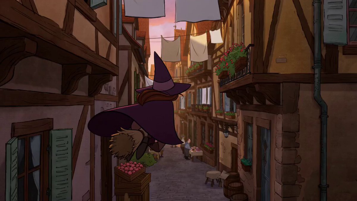 Hand-Drawn 2D Cartoon Witch Flight Over Ancient Town
