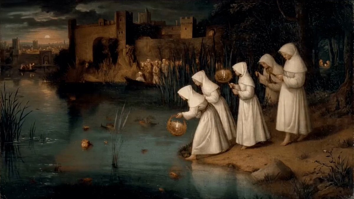 Women Placing Glowing Lanterns on Dark River in Bosch Style