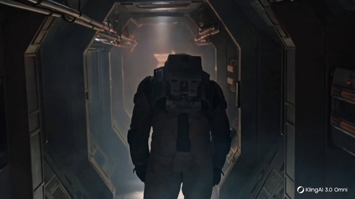 Tired Astronaut in Dark Corridor