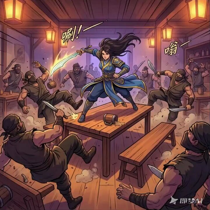Cinematic Tavern Fight: Female Hero vs Bandits