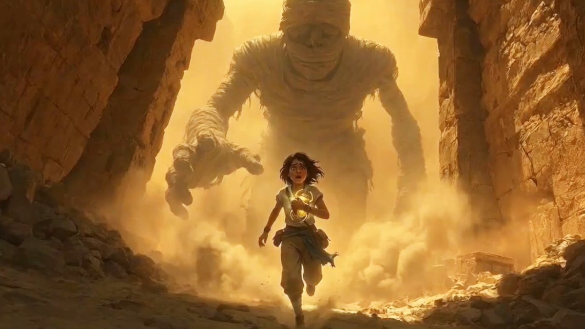 Cinematic Tracking Shot of Explorer Chased by Giant Mummy
