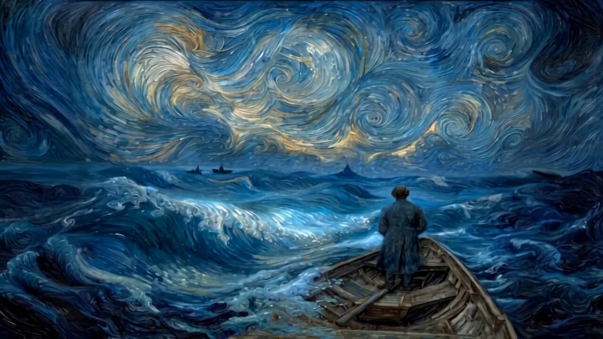 Van Gogh Style: Lone Man Adrift on Starry Waves