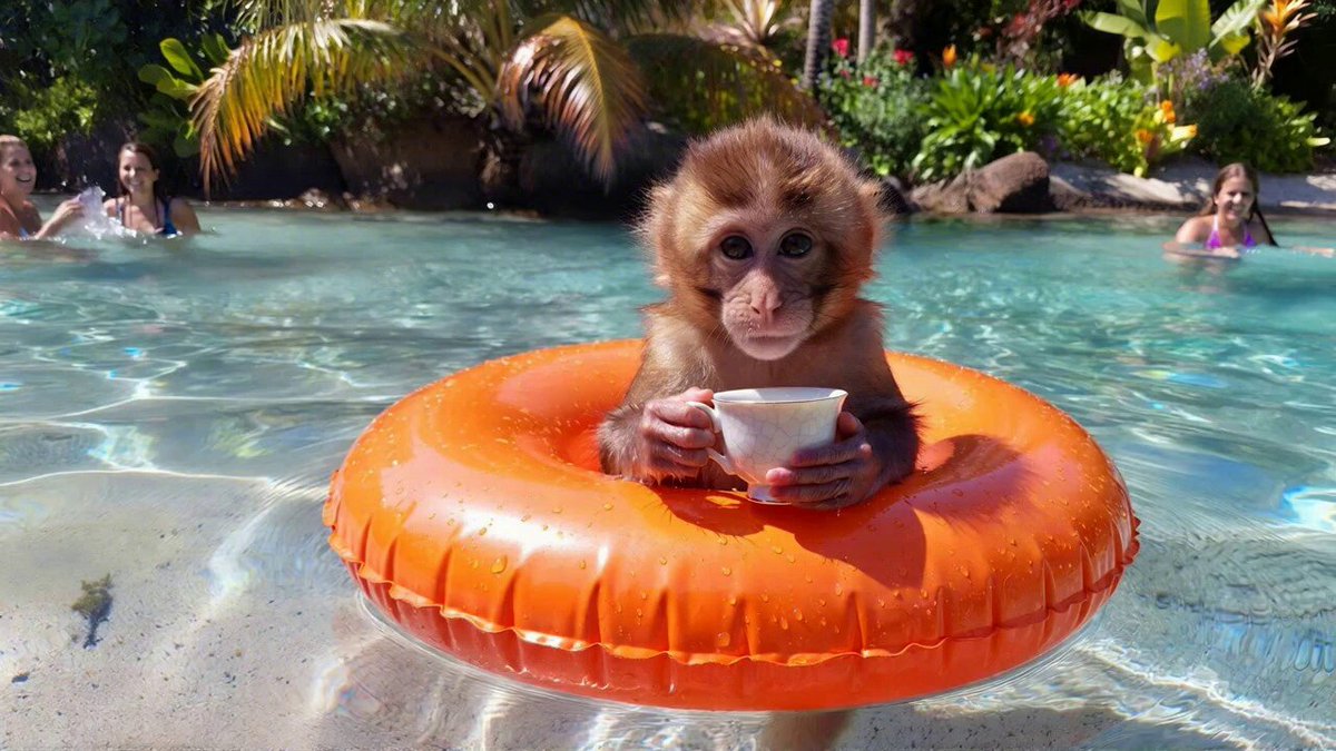Cute Monkey Sipping Tea in Pool Float