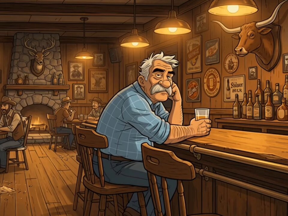 Man at Bar with Moon Landing on TV