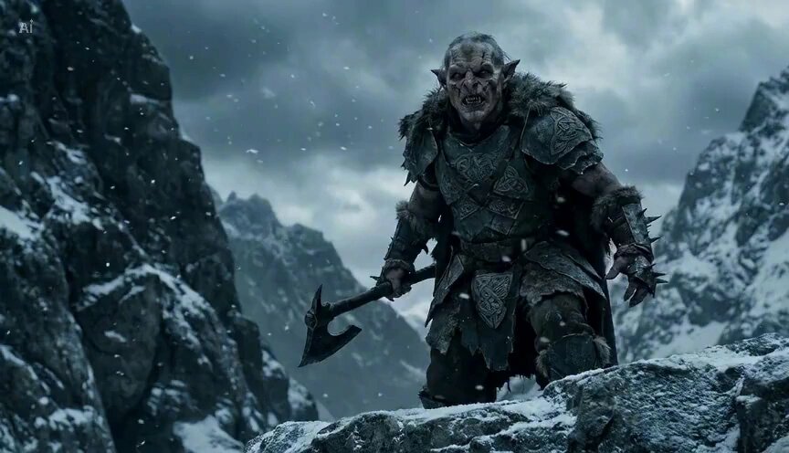 Goblin Traveler and Boar Steed in Snowy Mountains