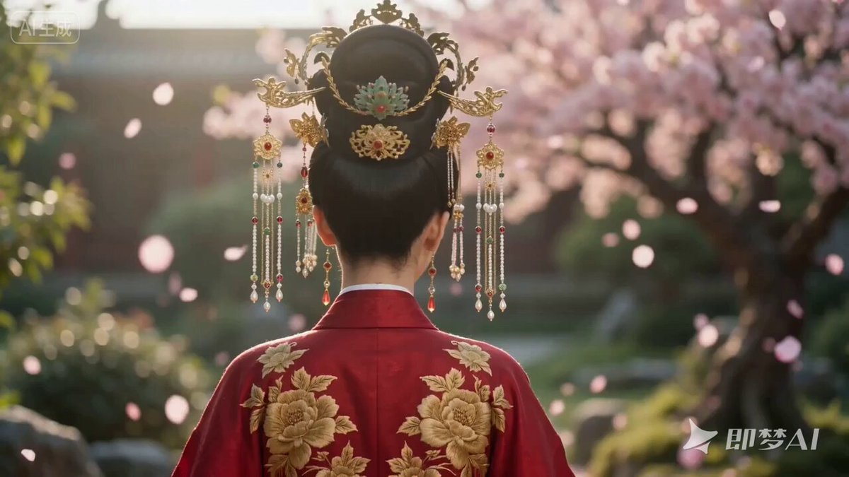 Woman in Red Hanfu Turning in Palace Garden