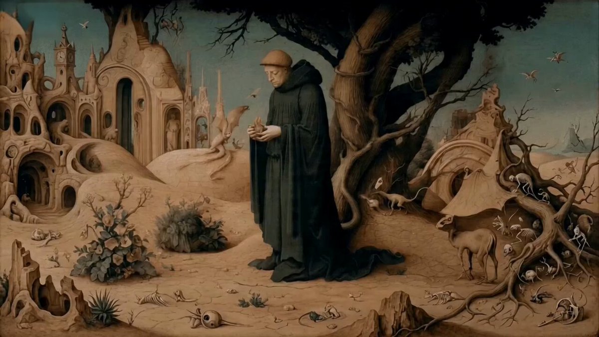 Monk Placing Glowing Flame in Hieronymus Bosch Style