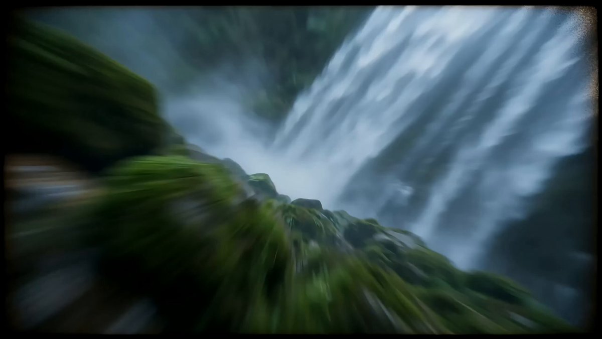 Cinematic Wuxia Mecha Warrior at Mossy Waterfall