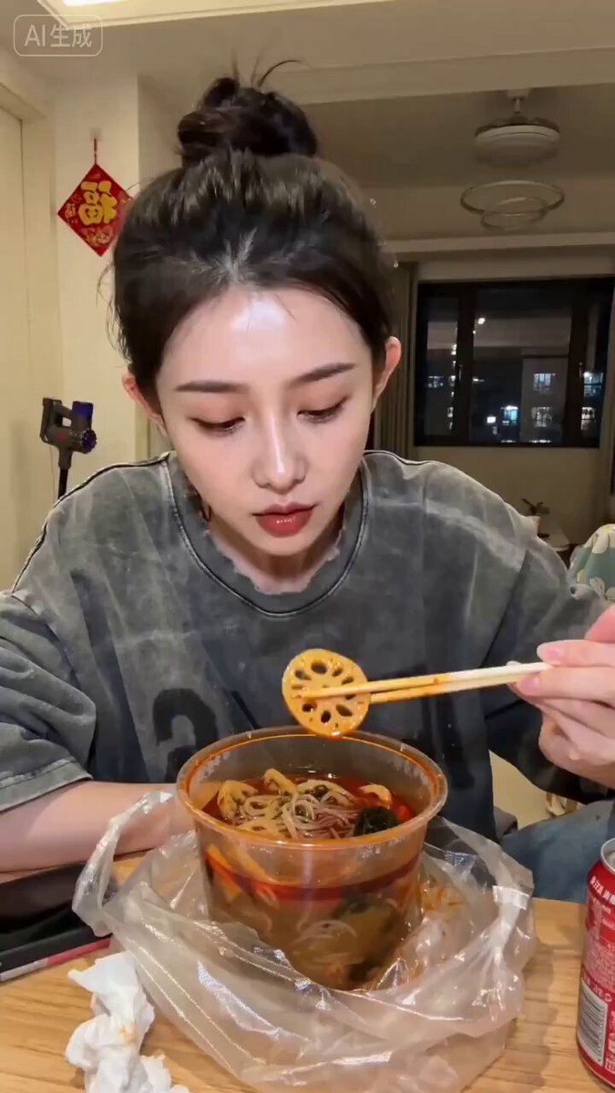 Girl Eating Malatang in Rental Room