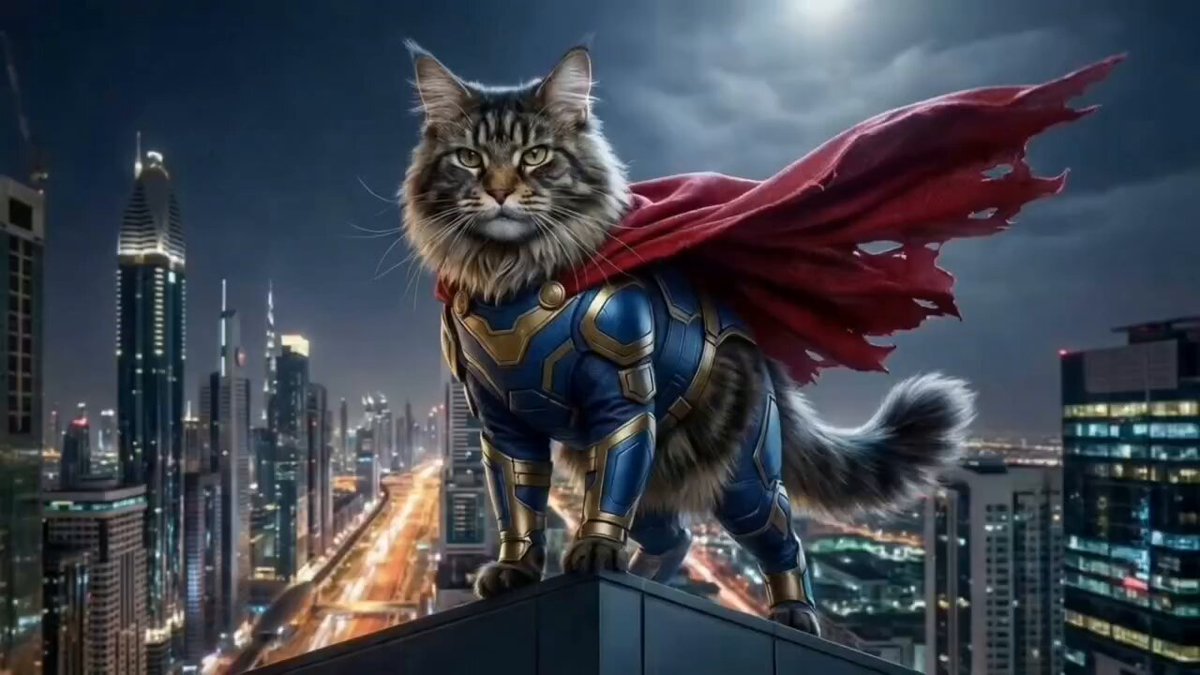 Photorealistic Superhero Cat Leaping from Skyscraper