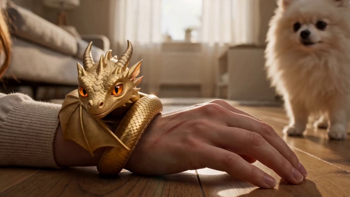 Golden Tiny Dragon Teasing Small Dog