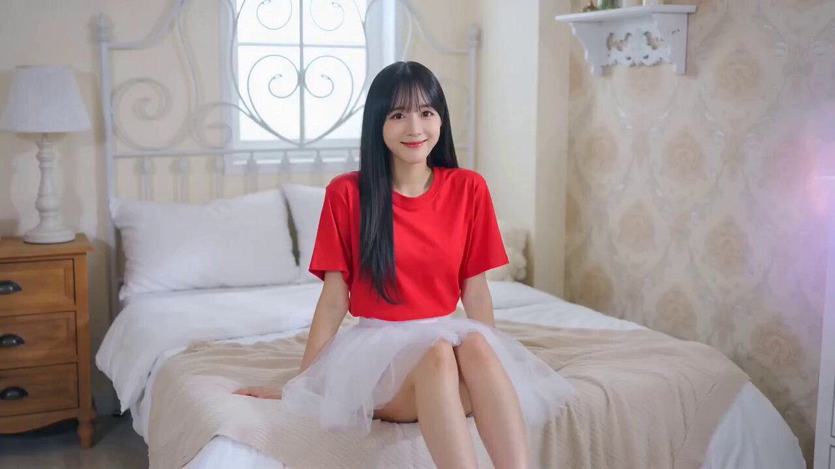 Bedroom Youthful Girl in White Skirt Red Tee