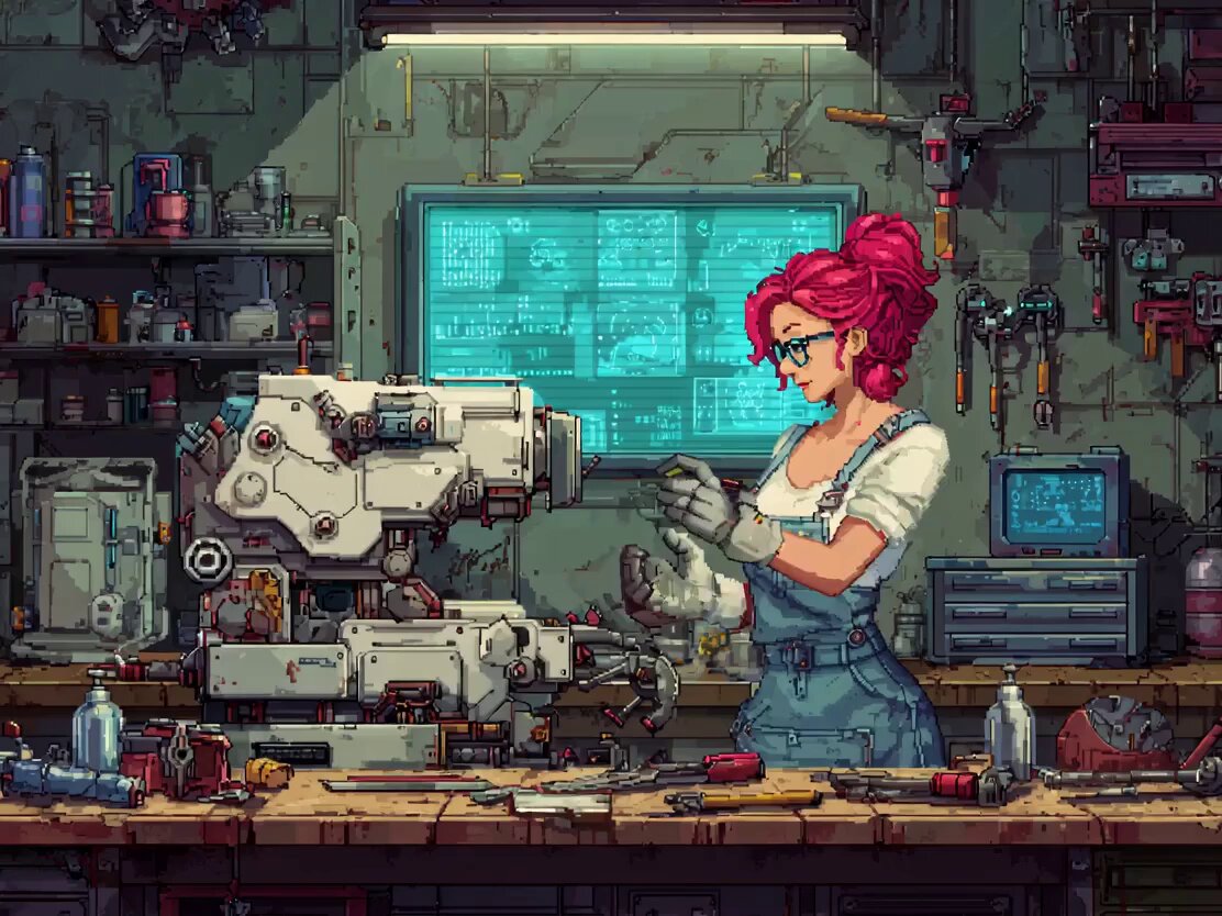 8-Bit Pixel Art: Cyberpunk Engineer Builds Robot