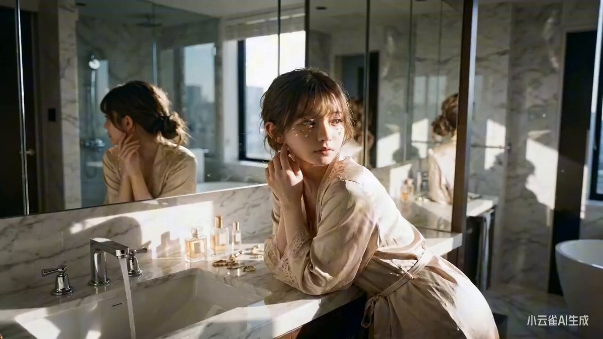 Elegant Woman at Sunlit Bathroom Vanity