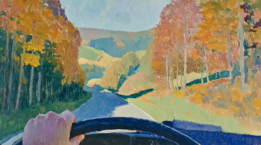 Oil Painting: Driver's Hand on Steering Wheel Over Wooded Hills
