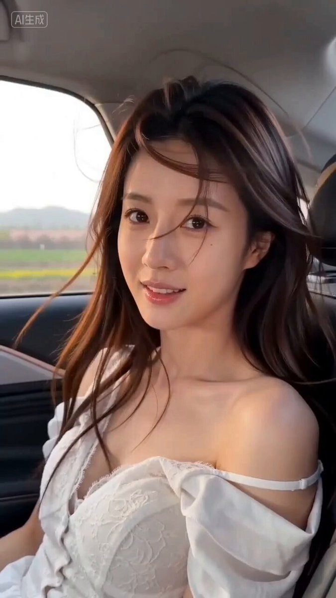 Woman in Windy Car with Flowing Hair and Spring Blossoms