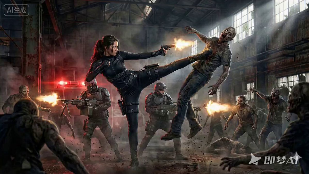 Cinematic Female Warrior vs Zombies in Factory