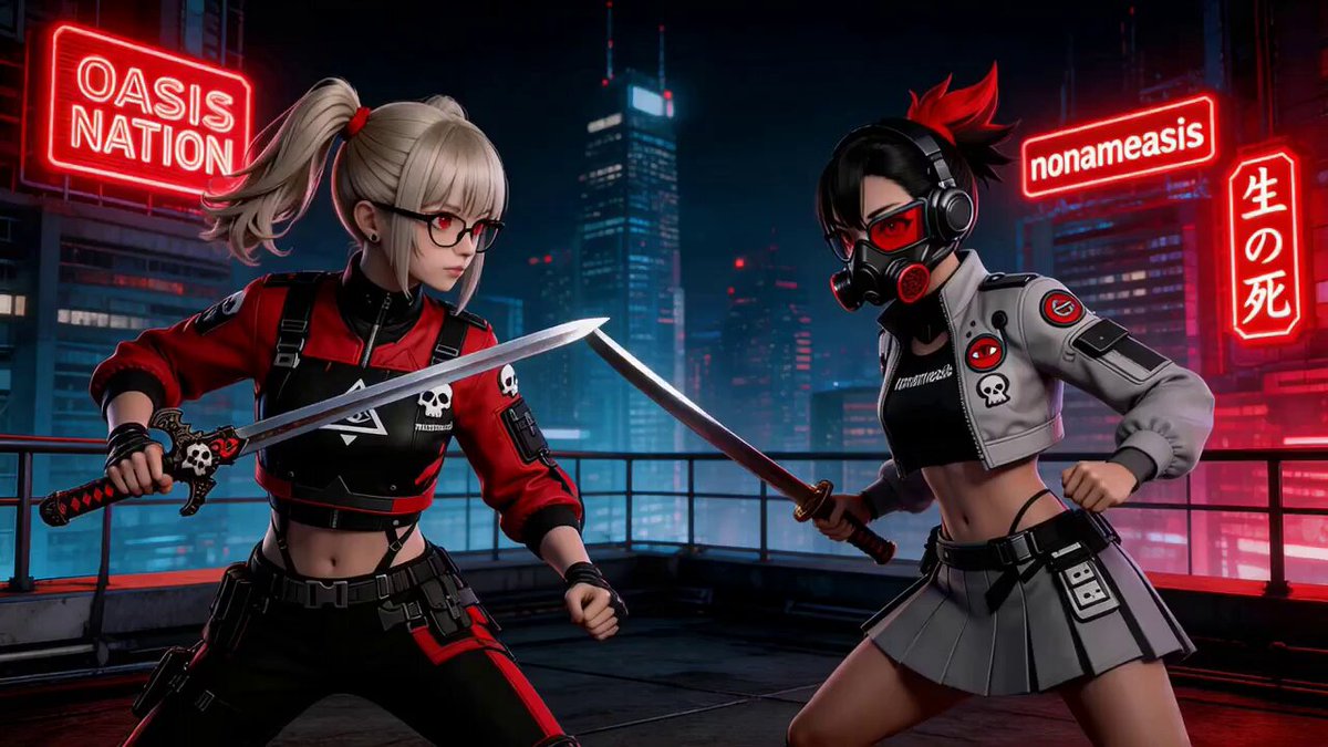 Dynamic Sword Fight on Neon-Lit Rooftop