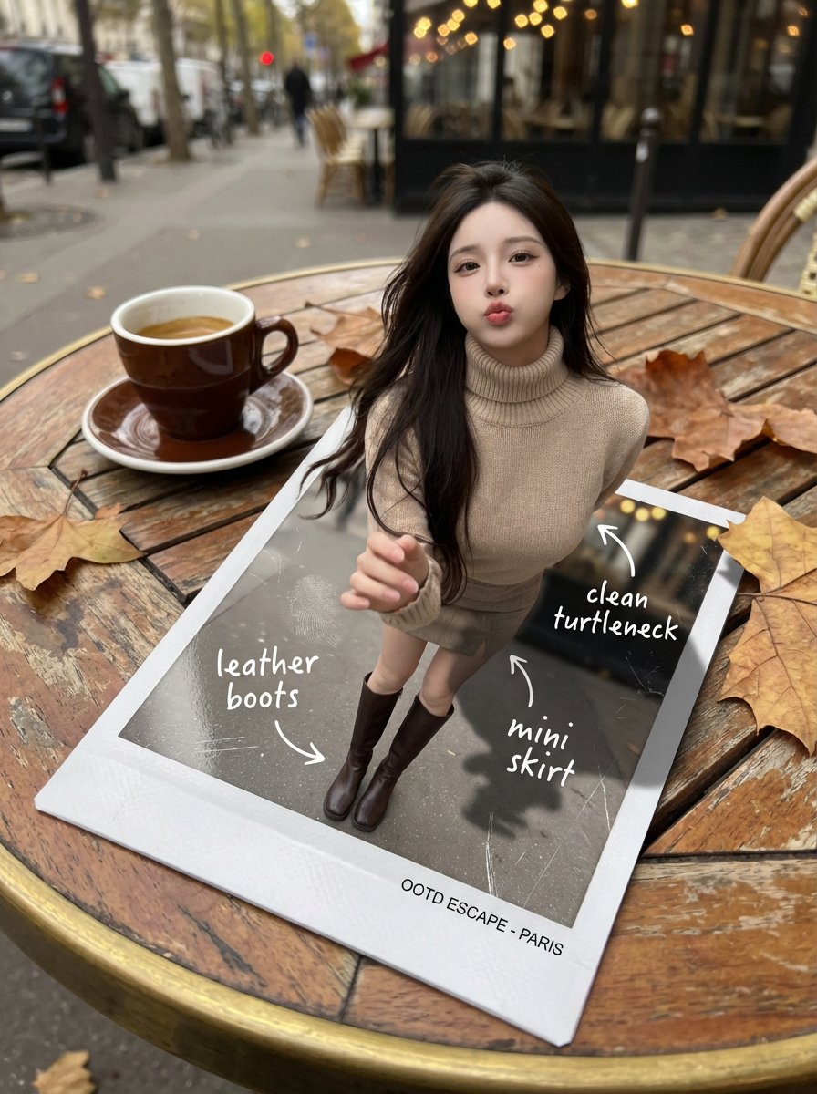 Woman Emerging from Polaroid Photo on Cafe Table