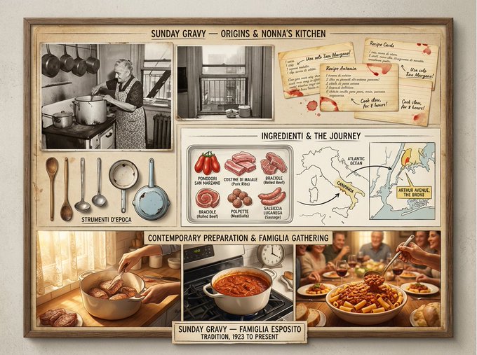 An exhibition panel documenting the culinary heritage and traditional cooking lineage of a dish.