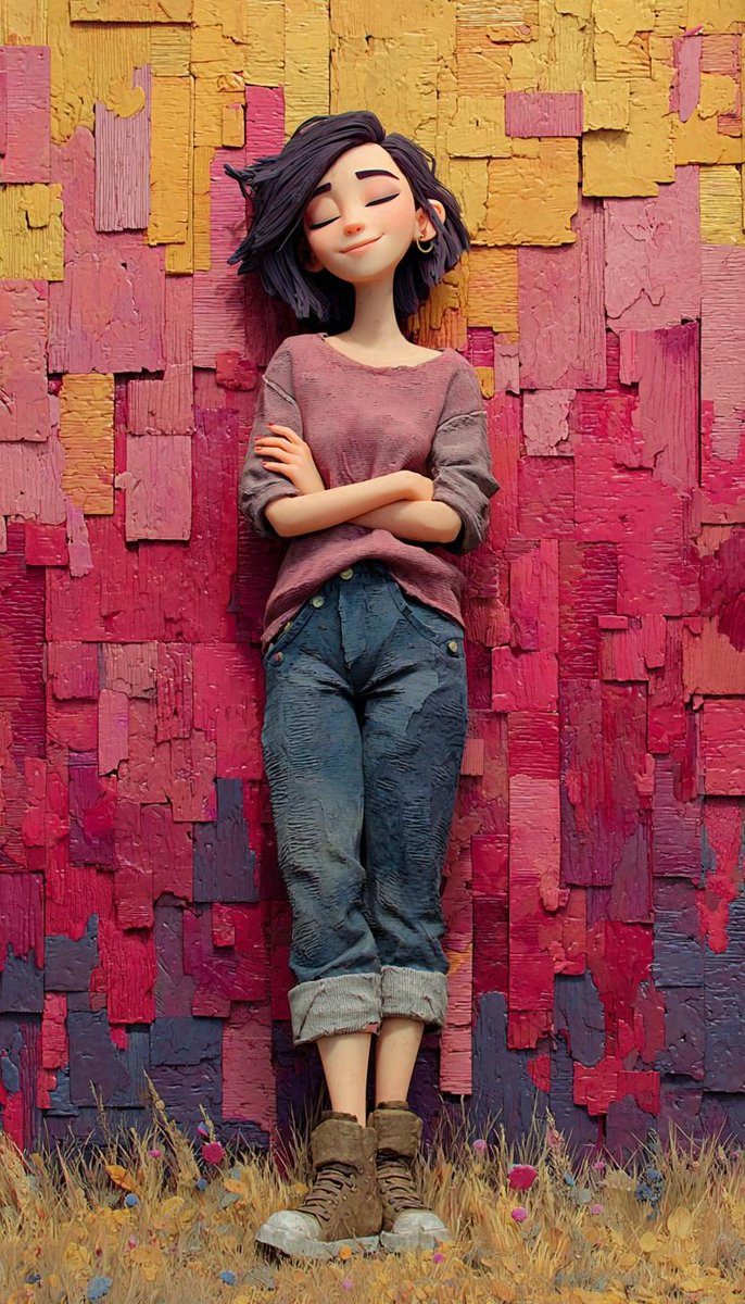 A woman in a 3D style leaning against a colorful wall.