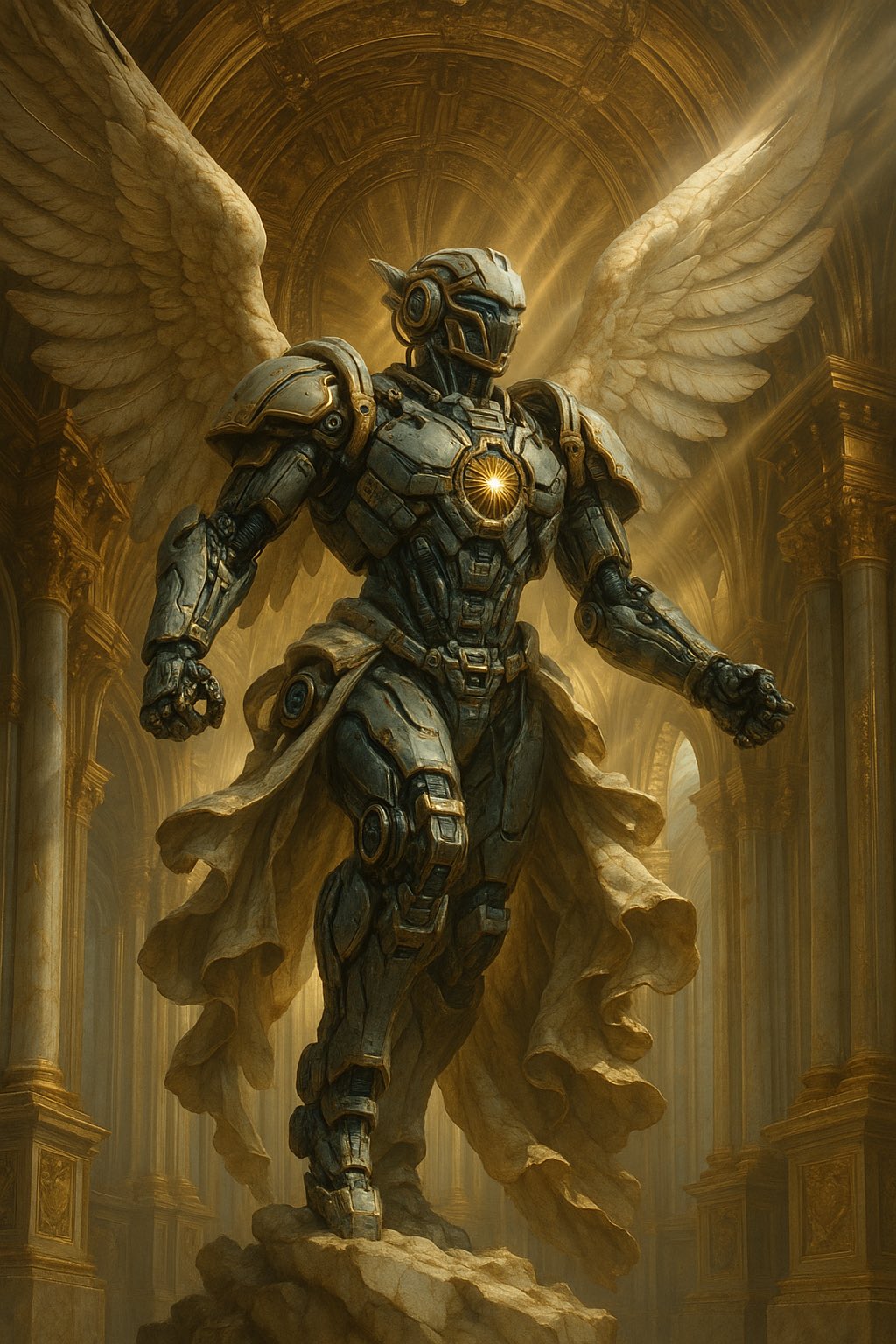 Colossal Marble Statue with Divine Wings and Golden Armor - view 3