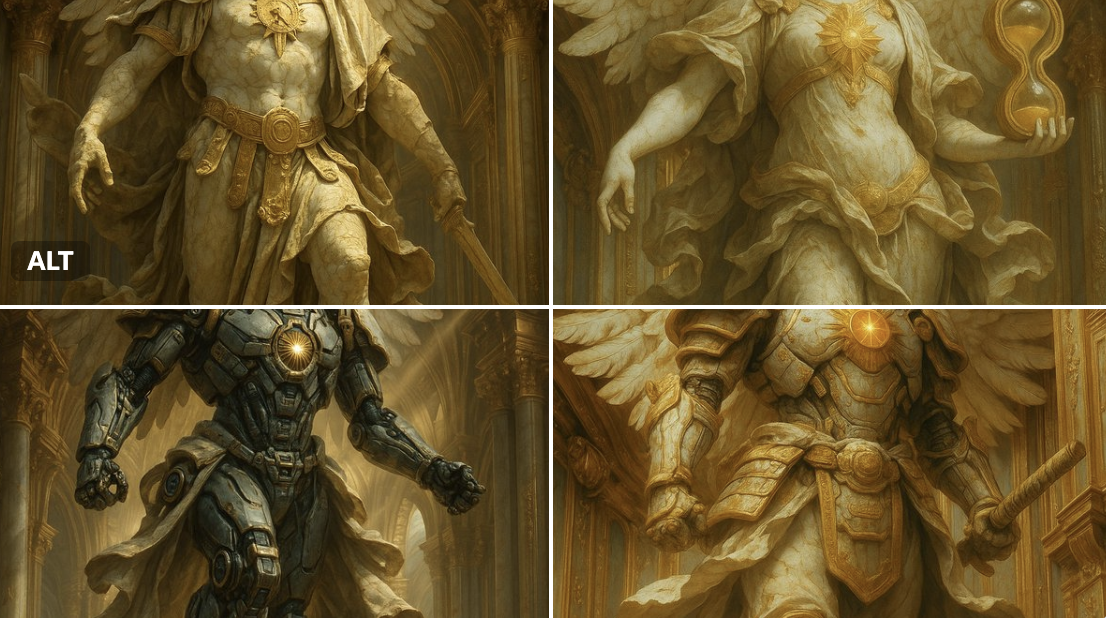 Colossal Marble Statue with Divine Wings and Golden Armor