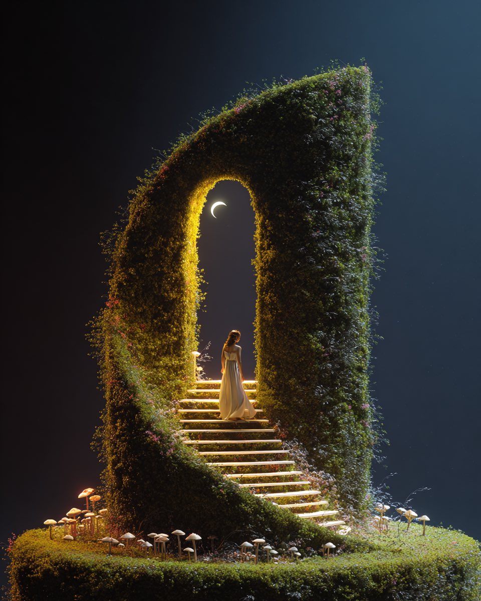 3D Hyperrealistic Woman on Curved Staircase to Glowing Moon - view 2