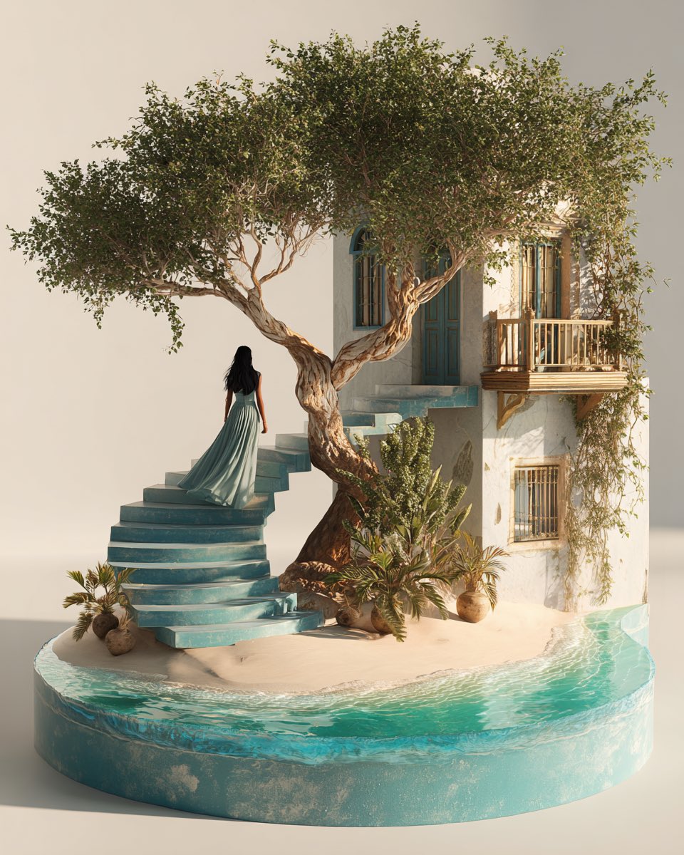 3D Hyperrealistic Woman on Curved Staircase to Glowing Moon