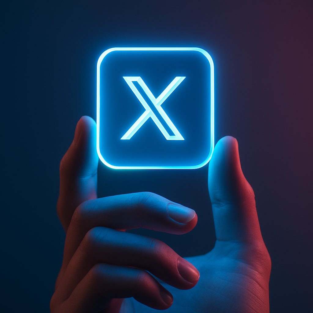 Glowing Neon Blue Logo Icon in Hand - view 2