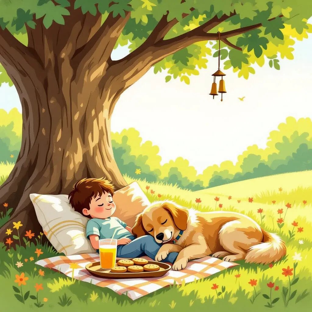 Nostalgic Backyard Pillow Fort with Boy and Golden Retriever - view 2