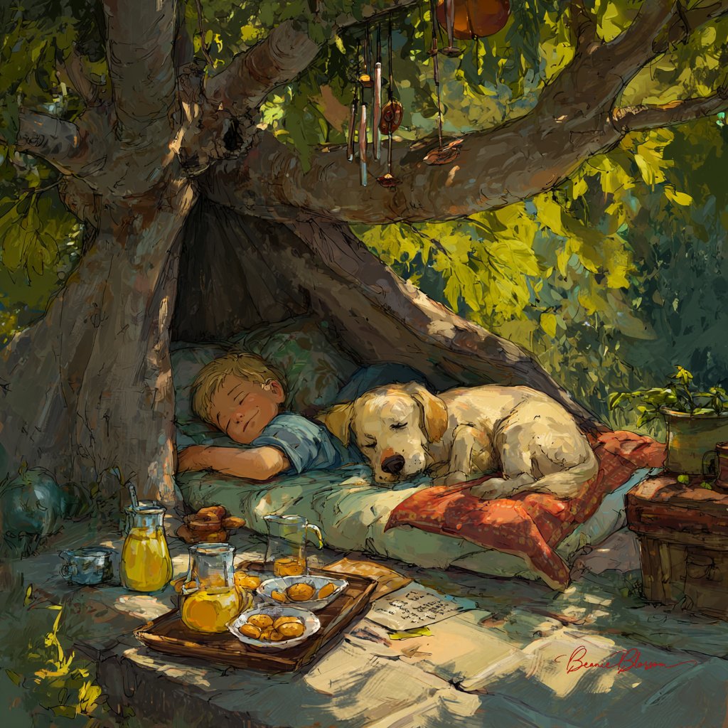 Nostalgic Backyard Pillow Fort with Boy and Golden Retriever