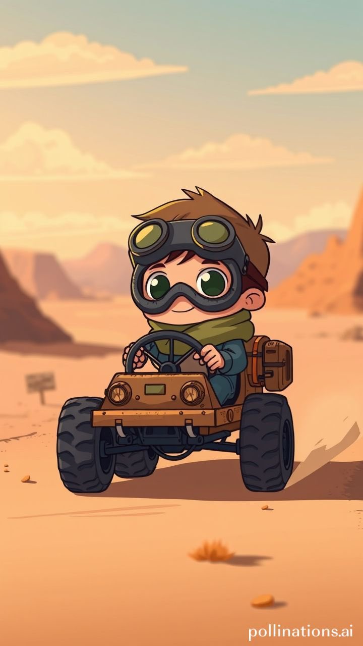 Young Cartoon Boy Driving Post-Apocalyptic Vehicle - view 2