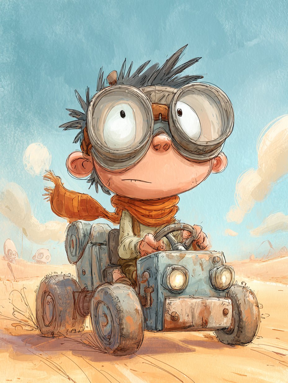 Young Cartoon Boy Driving Post-Apocalyptic Vehicle