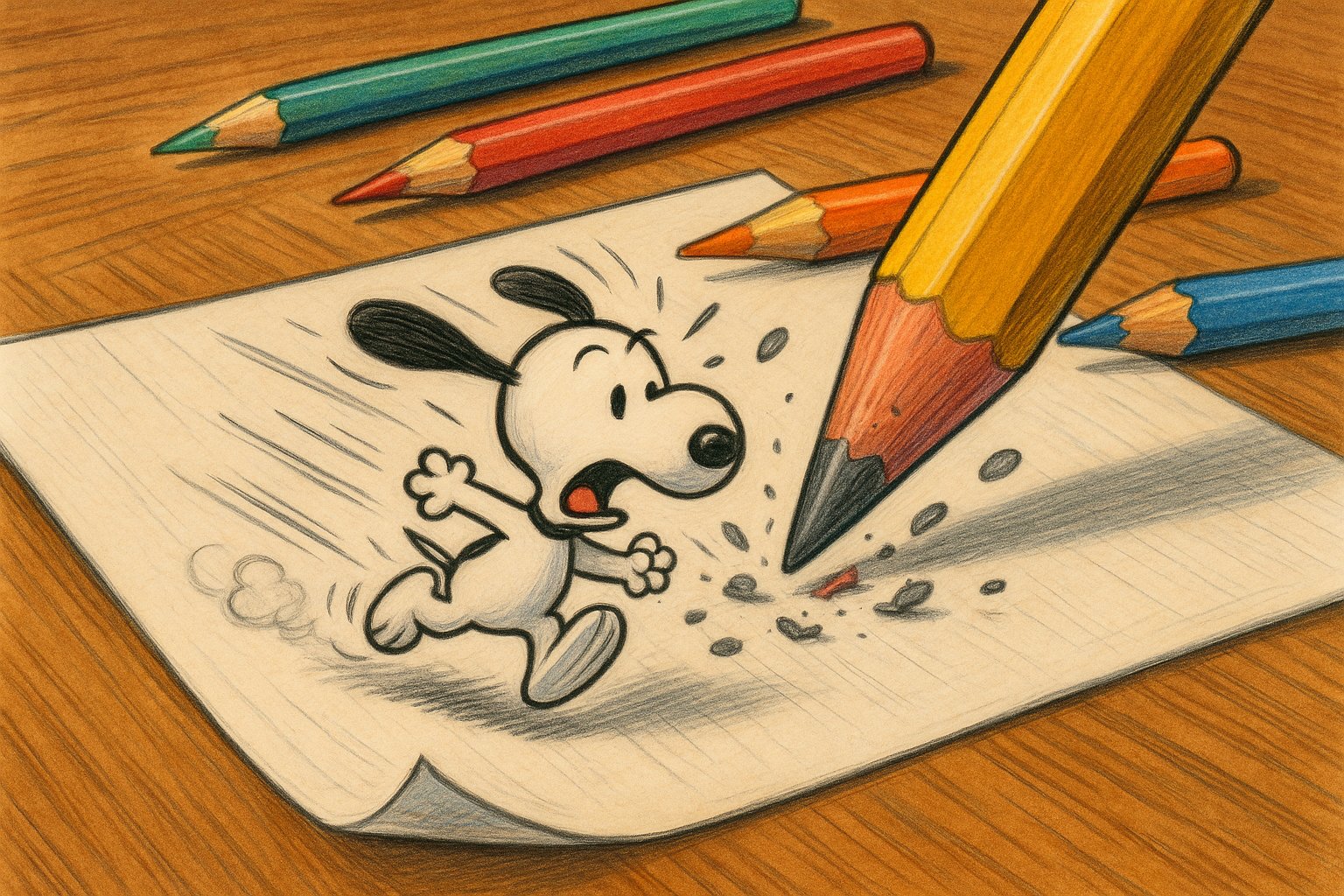Tiny Cartoon Escaping Giant Pencil - view 2
