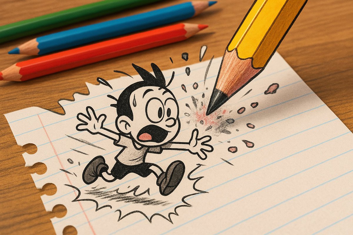 Tiny Cartoon Escaping Giant Pencil
