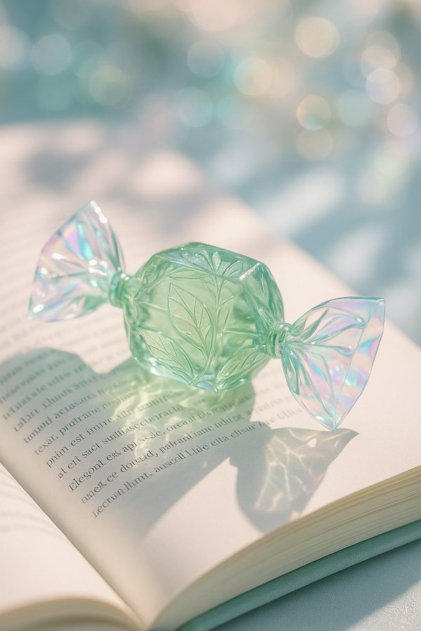 Glossy Candy-Shaped Perfume Bottle on Open Book - view 3