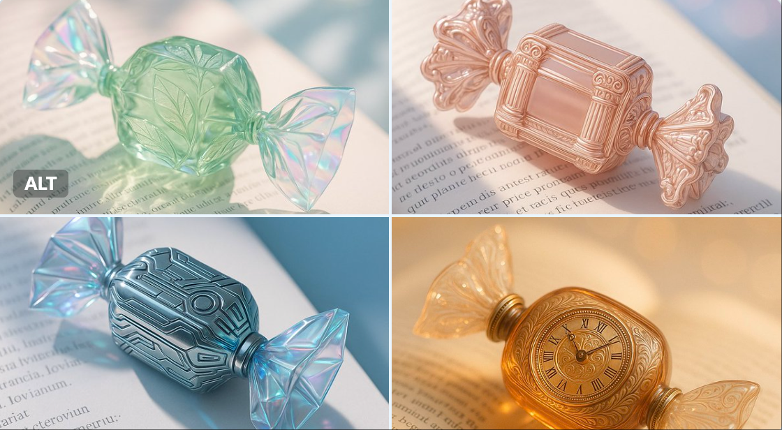 Glossy Candy-Shaped Perfume Bottle on Open Book