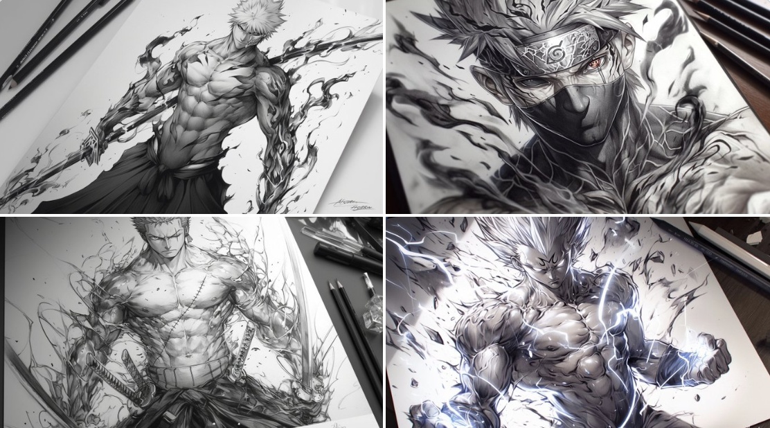 Pencil Sketch of Muscular Character with Tattoo Design - view 1