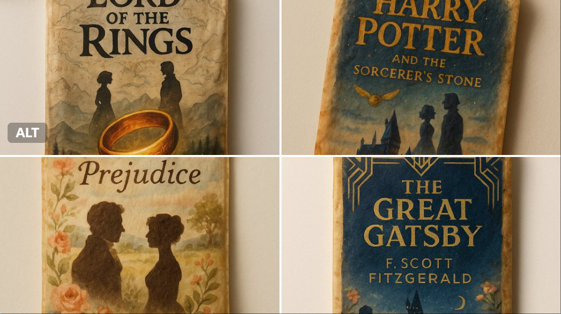 Vintage Tea Bag with Hand-Painted Book Cover Illustration