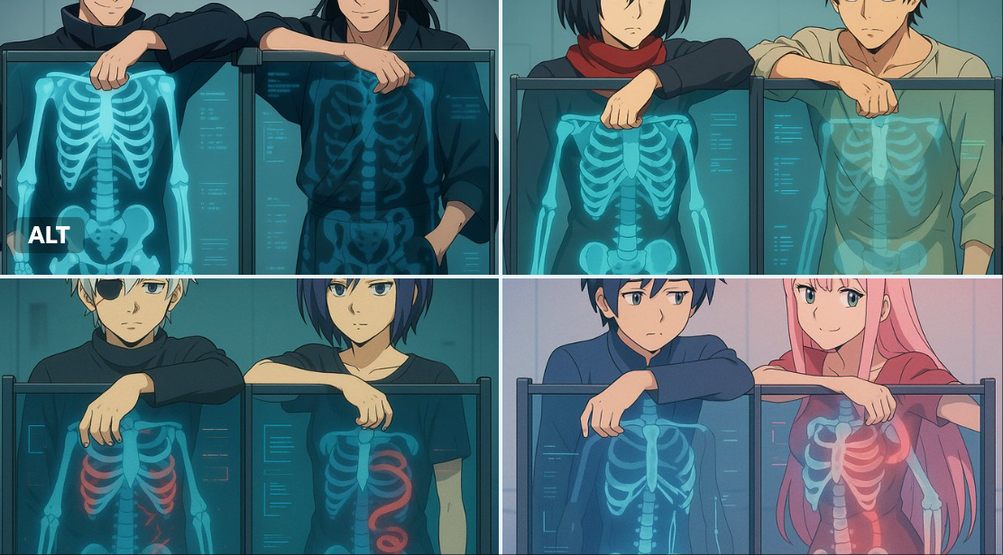 Anime Characters Behind Futuristic X-Ray Scan Panel