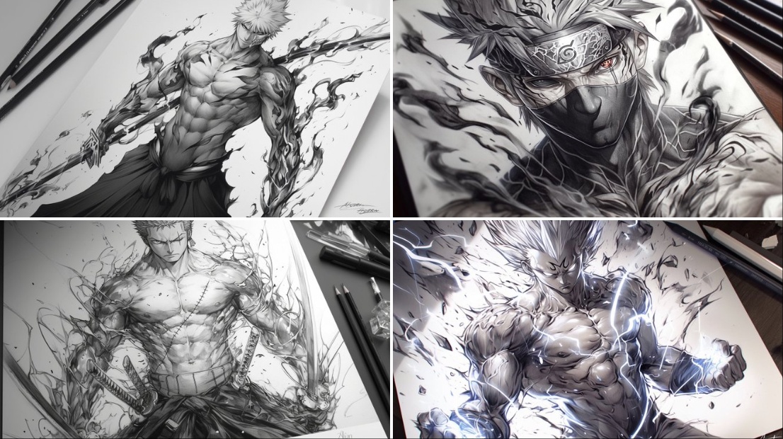 Pencil Sketch of Muscular Character with Dynamic Pose - view 1