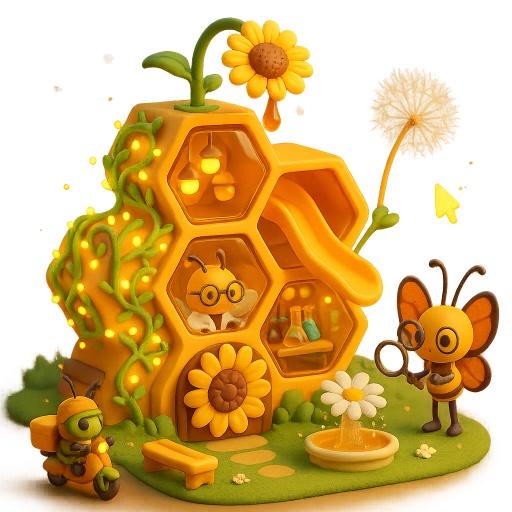3D Chibi Honeycomb Science City with Glowing Pollen Vines