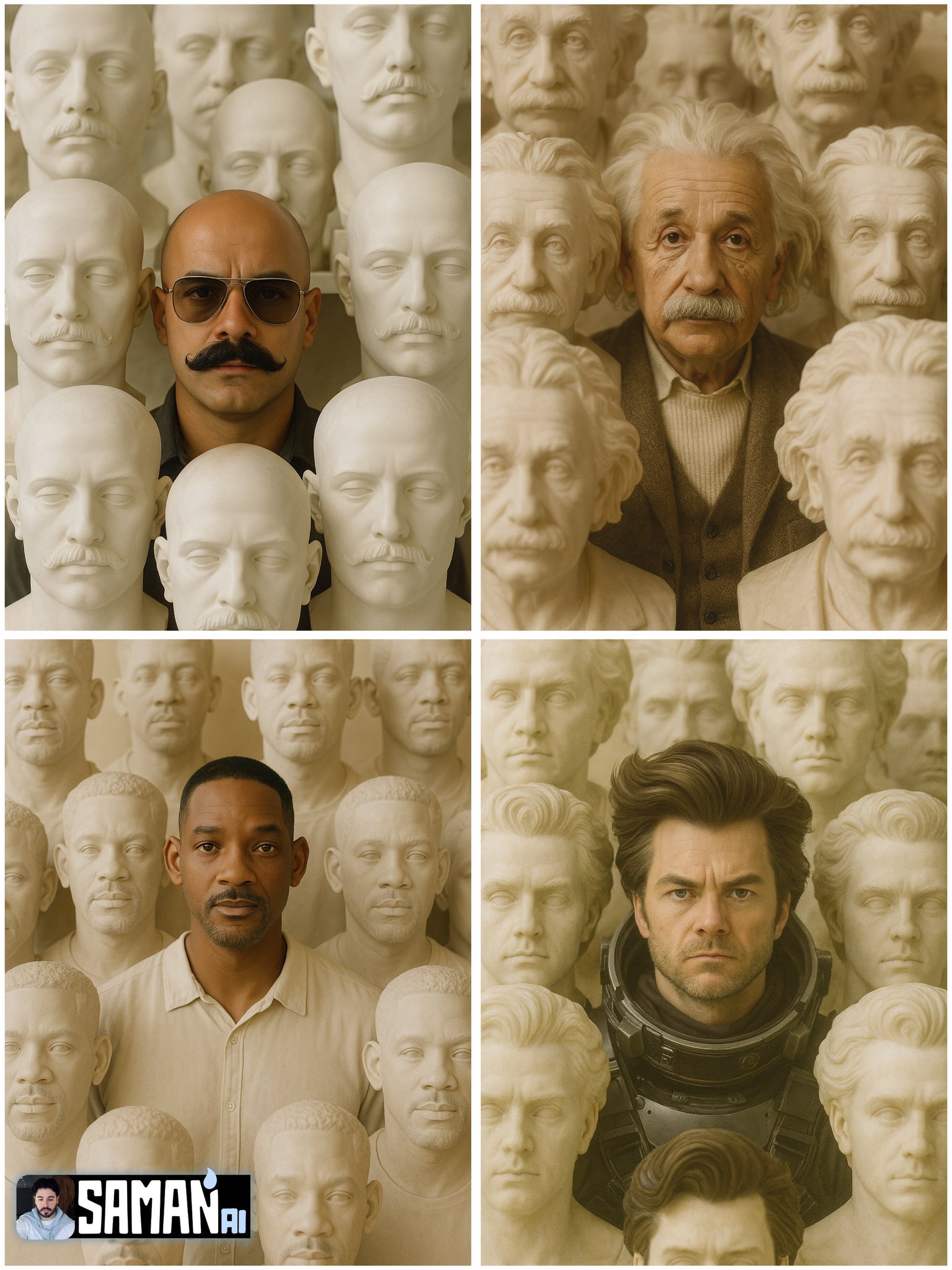 Ultra-Real Portrait Centered Among Stone Busts