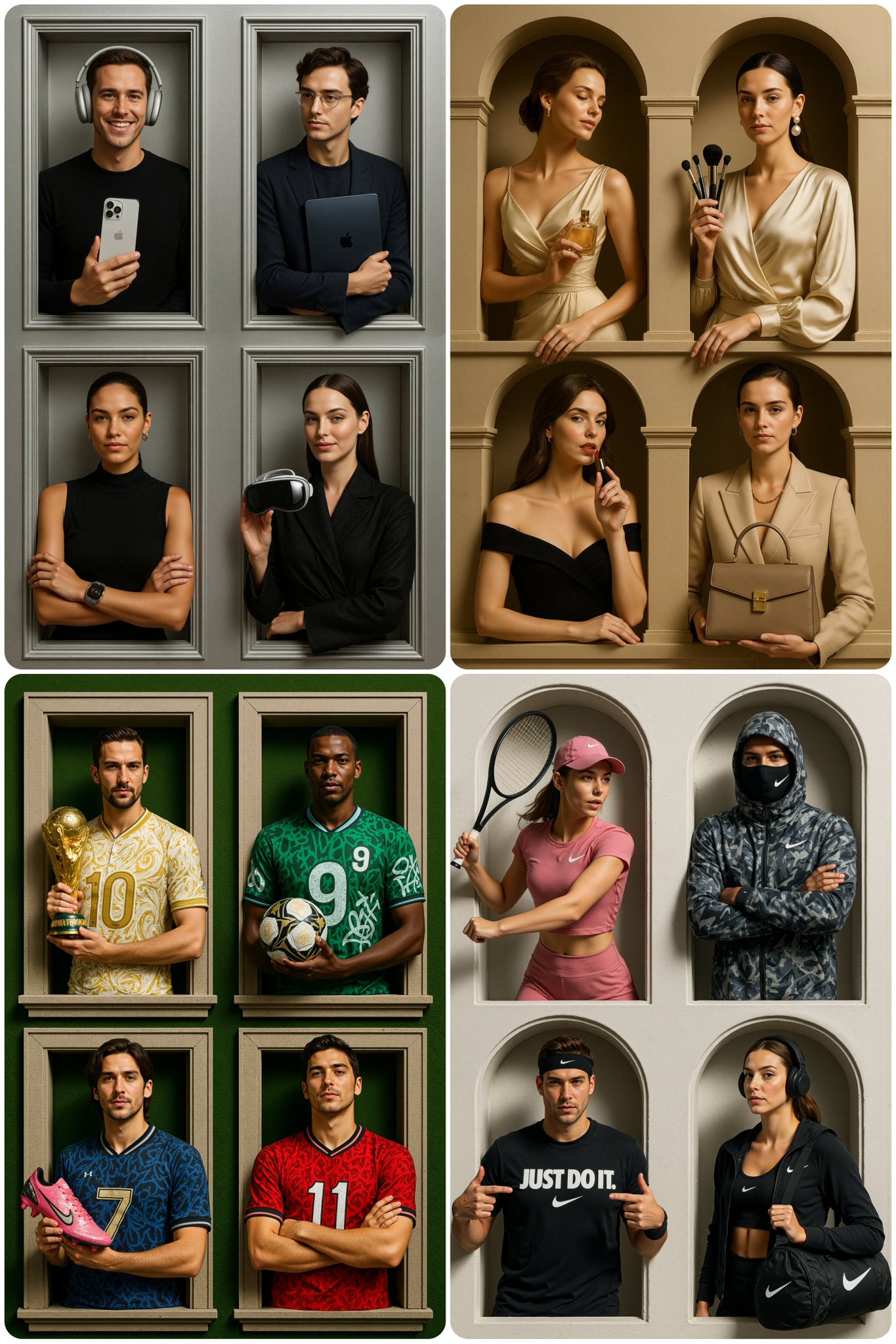 Luxury Brand Ad with Four Stylish Models in Window Frames