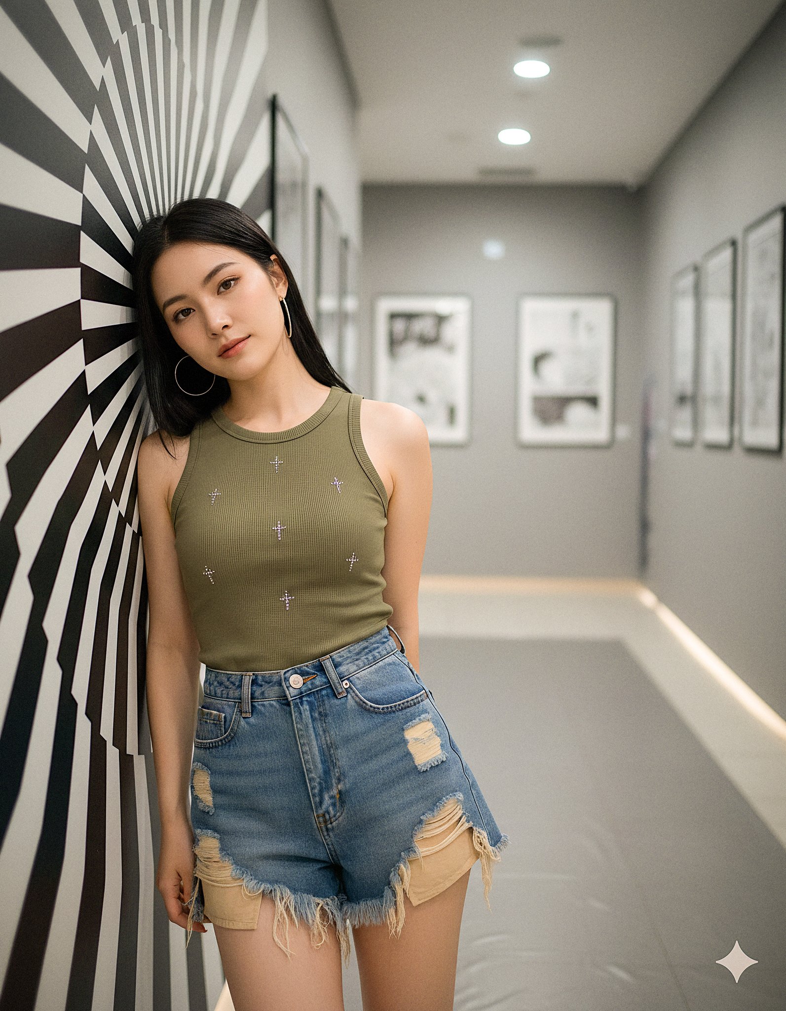 Woman Leaning in Modern Gallery Hallway