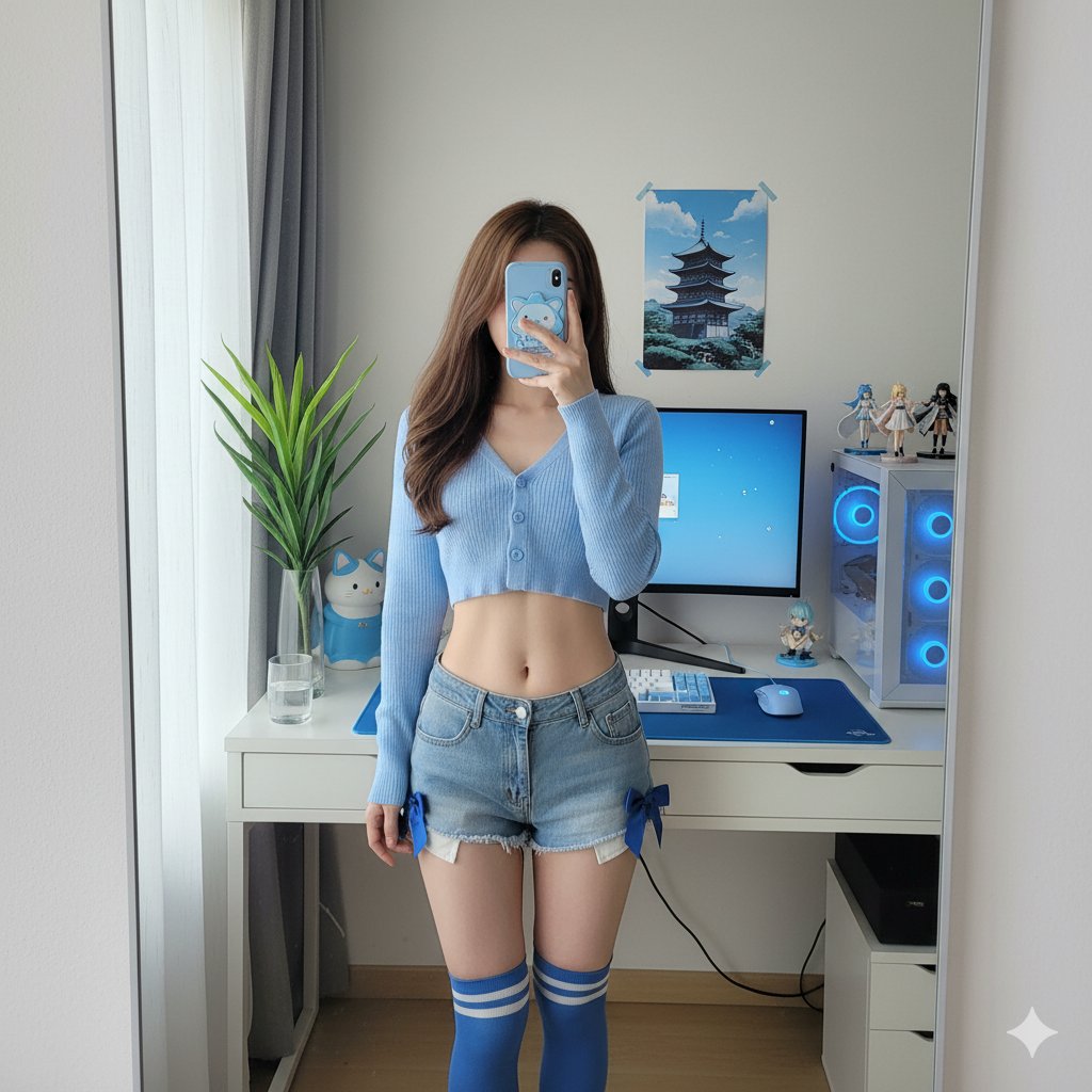 Girl Mirror Selfie in Blue Otaku PC Corner