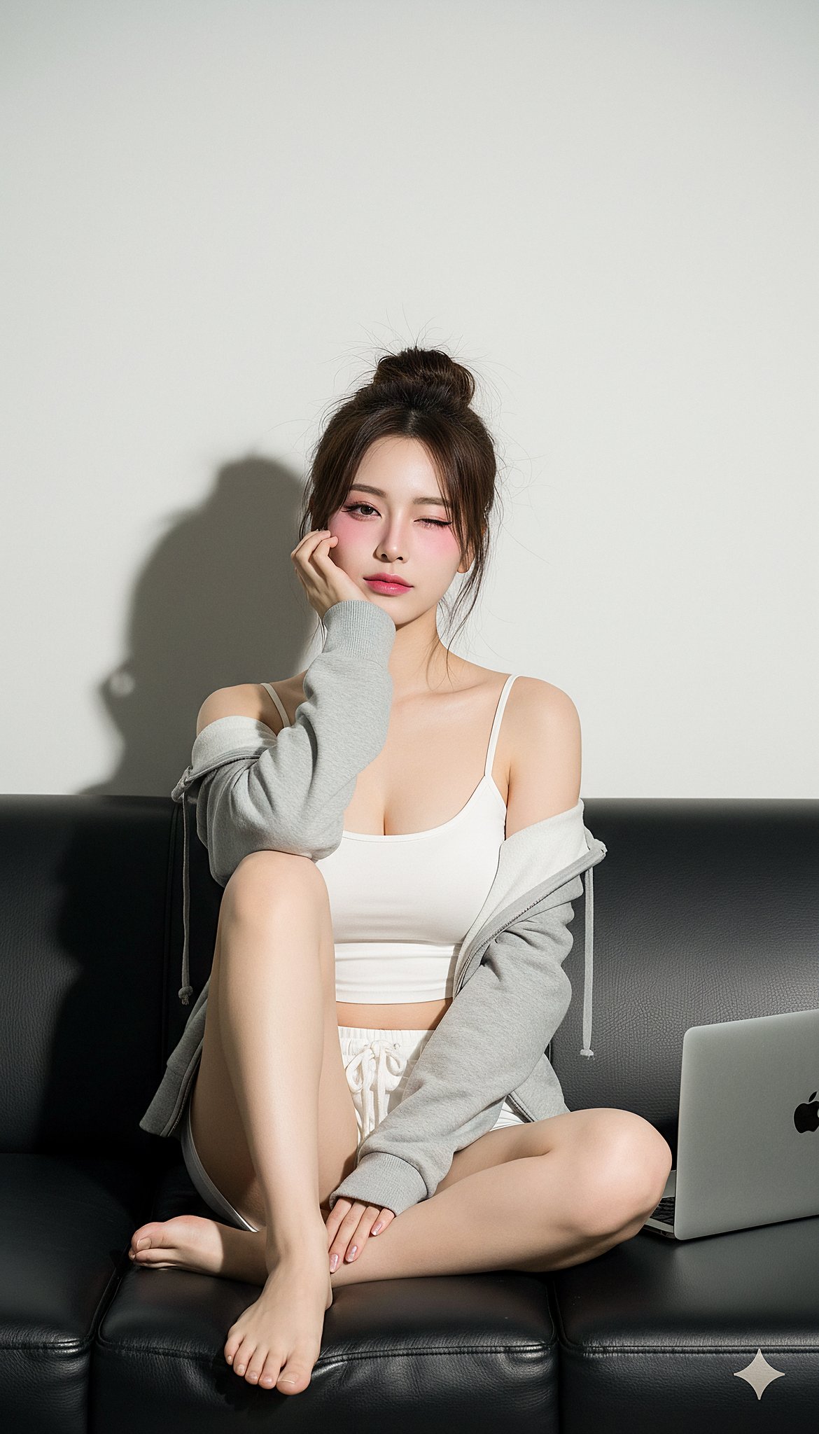 Winking East Asian Girl on Black Sofa with MacBook